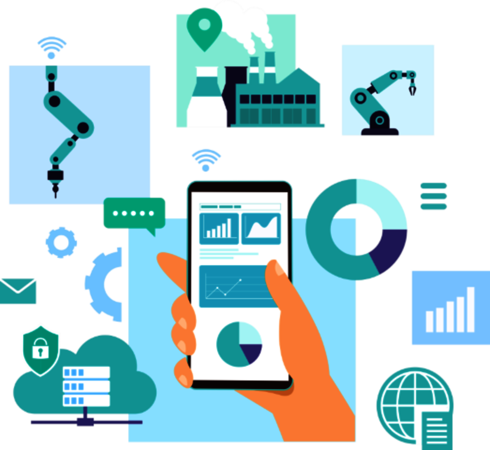 Illustration: Various robotic arms and a hand holding a smartphone displaying diagrams, surrounded by different symbols and charts. This imagery symbolizes process technology for press hardening.