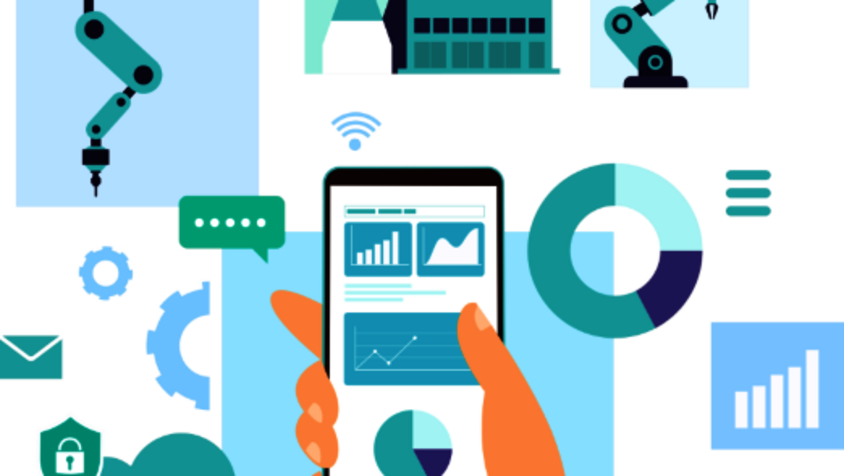 Illustration: Verschiedene Roboterarme, eine Hand mit einem Smartphone, auf dessen Display Diagramme zu sehen sind, umgeben von verschiedenen Symbolen und Diagrammen. Symbolisch für Prozesstechnik für das Presshärten