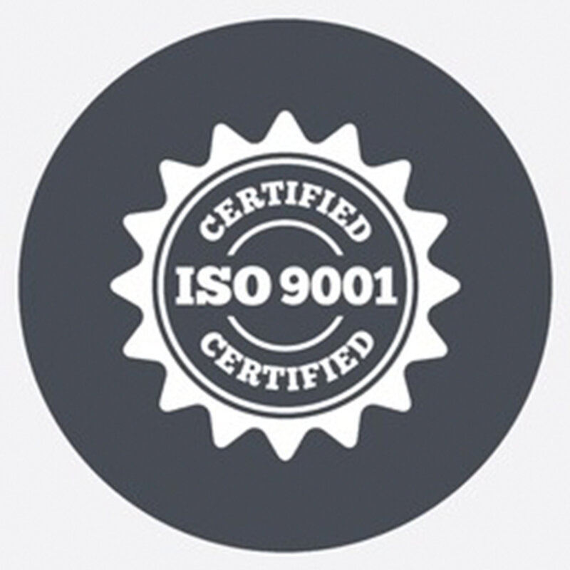 A patch on a gray background with the words 'ISO 9001 Certified'.