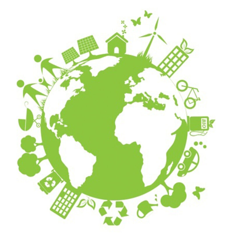 Drawing of the earth in green and white, surrounded by a stick figure family, a bicycle, trees, a windmill, a car, a recycling symbol and butterflies.