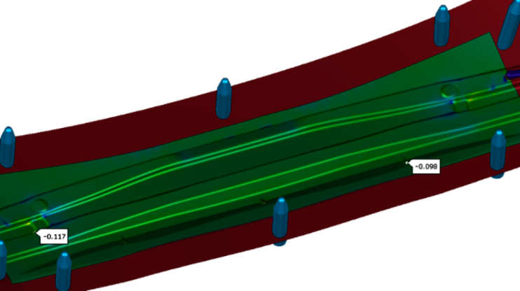 Digital sheet metal forming simulation of a side impact beam for validating the forming methodology. The simulation visualizes material flow, stress distribution, and critical areas for optimized component manufacturing.