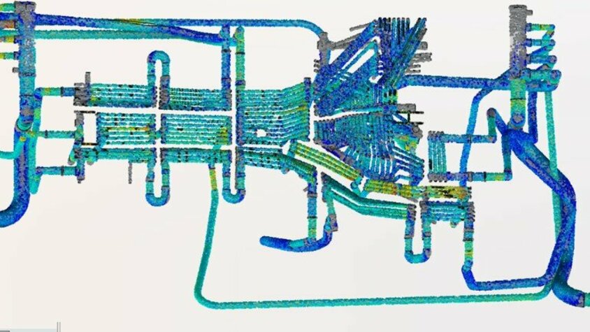 Computational-Fluid-Dynamics (CFD)-Simulation eines Kühlkonzepts für ein Umformwerkzeug. Die Visualisierung zeigt die Strömungsverteilung innerhalb der Kühlkanäle, um die thermische Effizienz zu maximieren und Hotspots zu vermeiden.