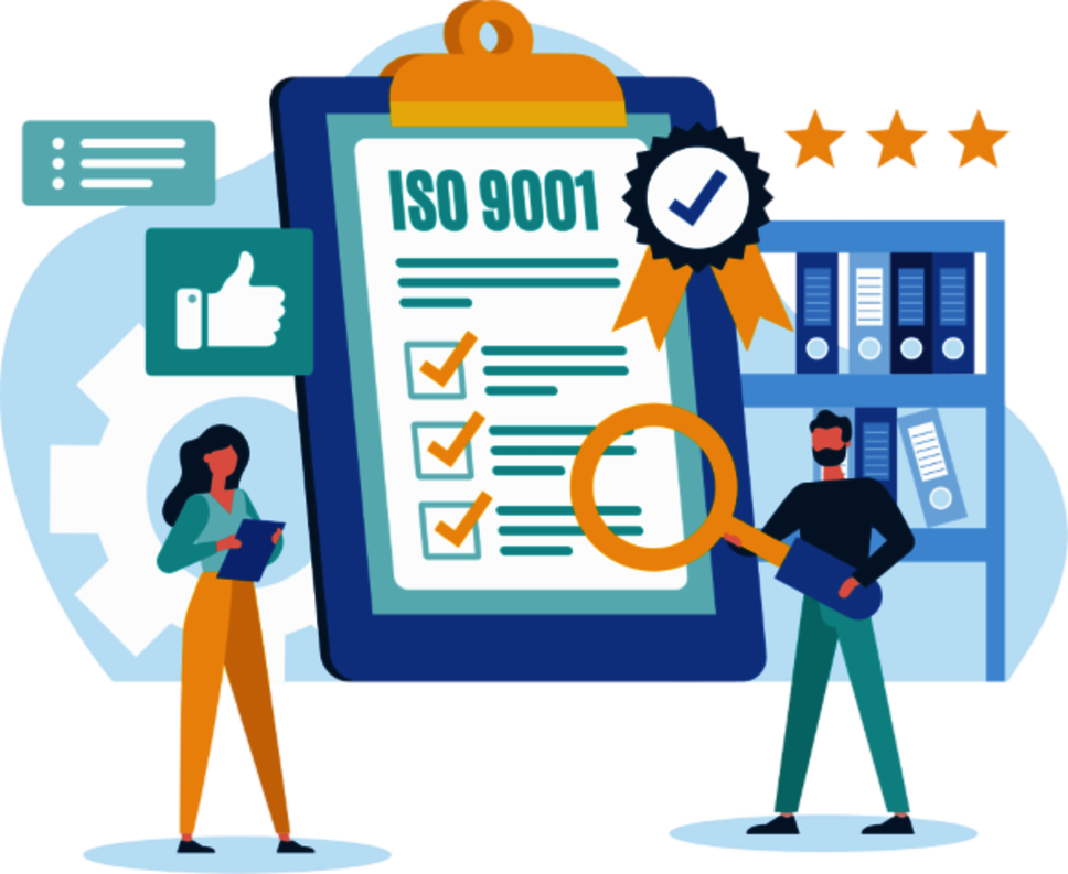 Colorful vector graphic featuring a clipboard with "ISO 9001" written on it. A male figure holds a large magnifying glass, while a female figure holds a book. Next to them are illustrations of a thumbs-up sign and stars.