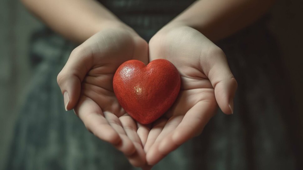 Delicate hands hold a radiant red heart, symbolizing love, health, and the spirit of giving and humanity. The image is symbolically used by weba to represent Corporate Social Responsibility in connection with sponsorship and charity.