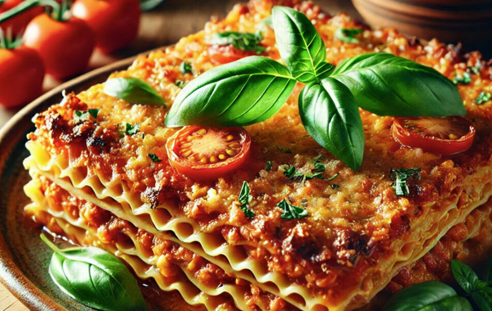 AI-Generated Image: Freshly baked spelt lasagna on a rustic ceramic plate, featuring a golden-brown cheese crust, creamy béchamel sauce, and a flavorful tomato-spelt filling. In the background, fresh ingredients such as basil, cherry tomatoes, and garlic rest on a wooden board.