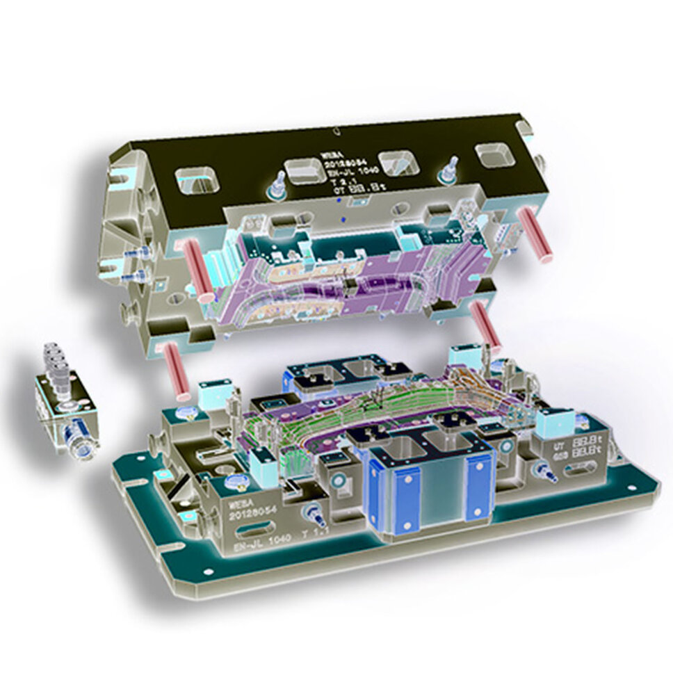 3D model of a tailored tempering or SoftZone warm forming tool on a white background. The photo symbolizes the work culture in an innovative environment at weba as well as career opportunities in Steyr with the technology leader.