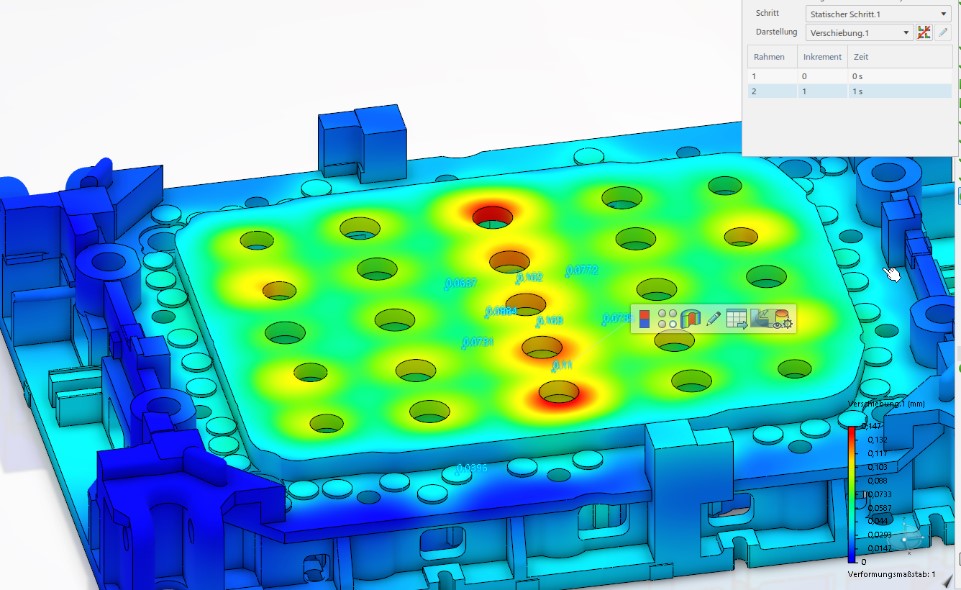 Simulation of a strength analysis of a forming tool with a color-coded stress distribution. Critical load zones are highlighted to improve tool stability and eliminate potential weak points.